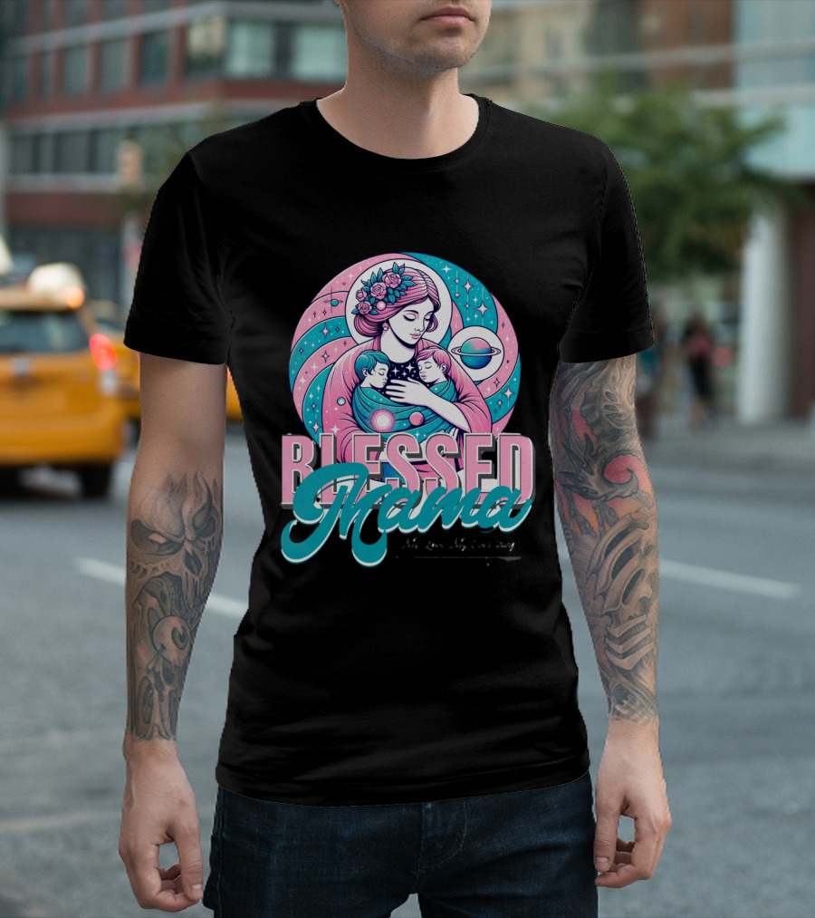 Blessed Mama Cosmic Mother With Children And Floral Halo T-Shirt