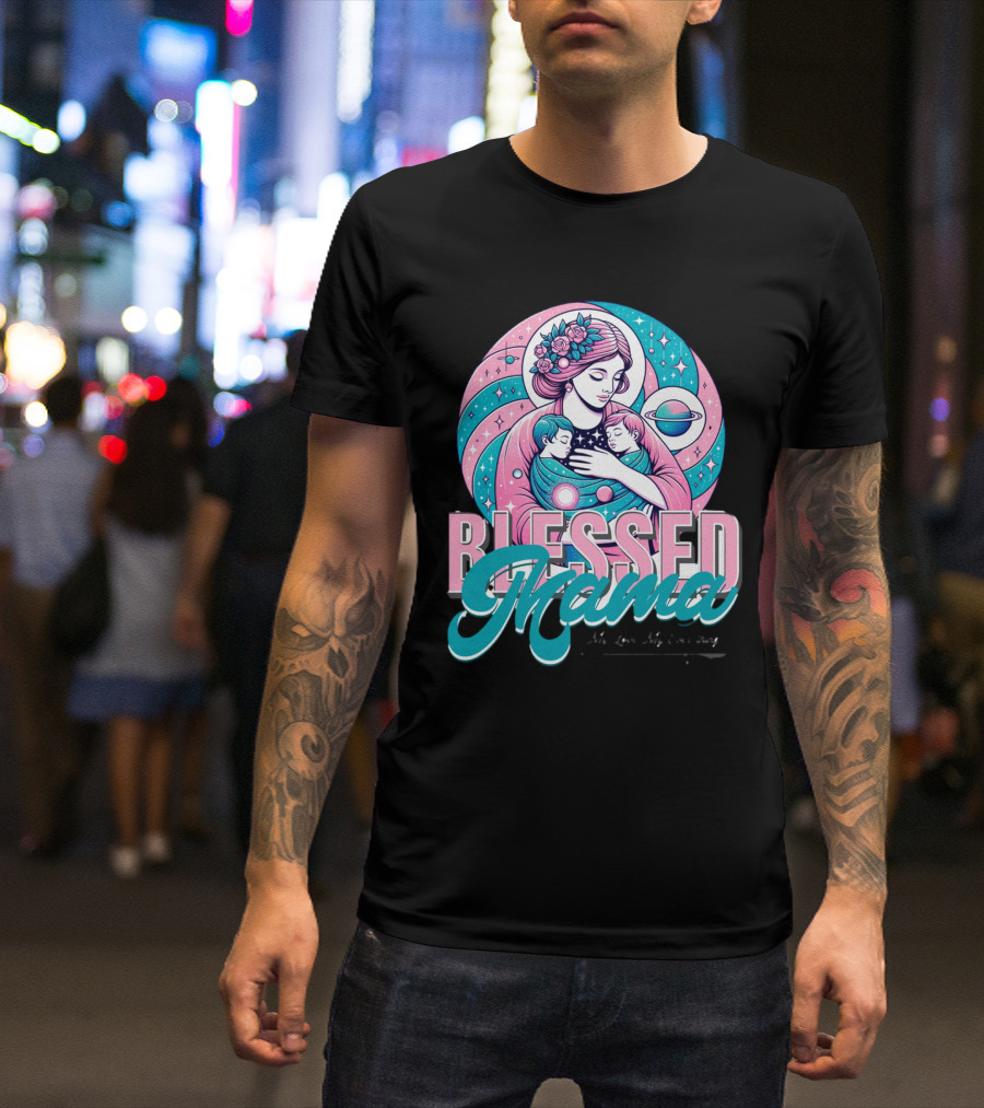 Blessed Mama Cosmic Mother With Children And Floral Halo T-Shirt