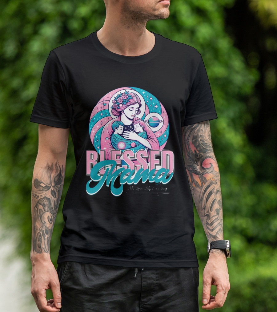Blessed Mama Cosmic Mother With Children And Floral Halo T-Shirt