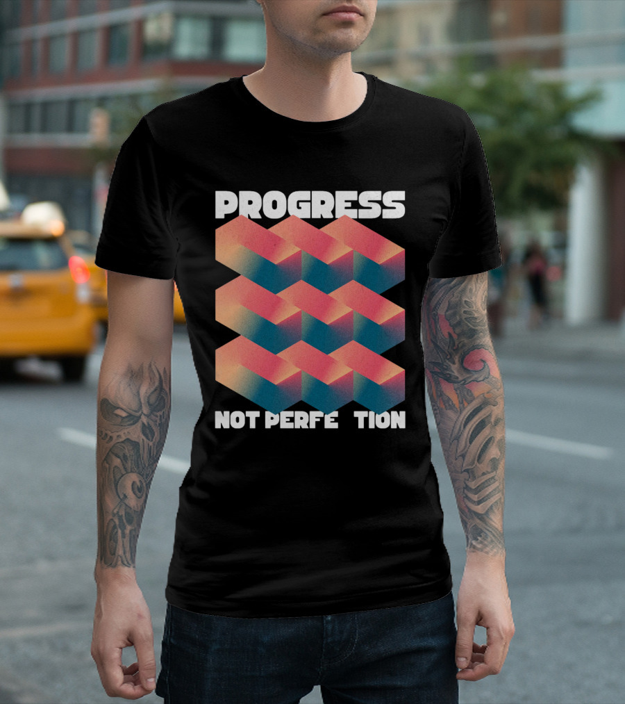 PROGRESS NOT PERFECTION Geometric Illusion 3D Blocks T-Shirt