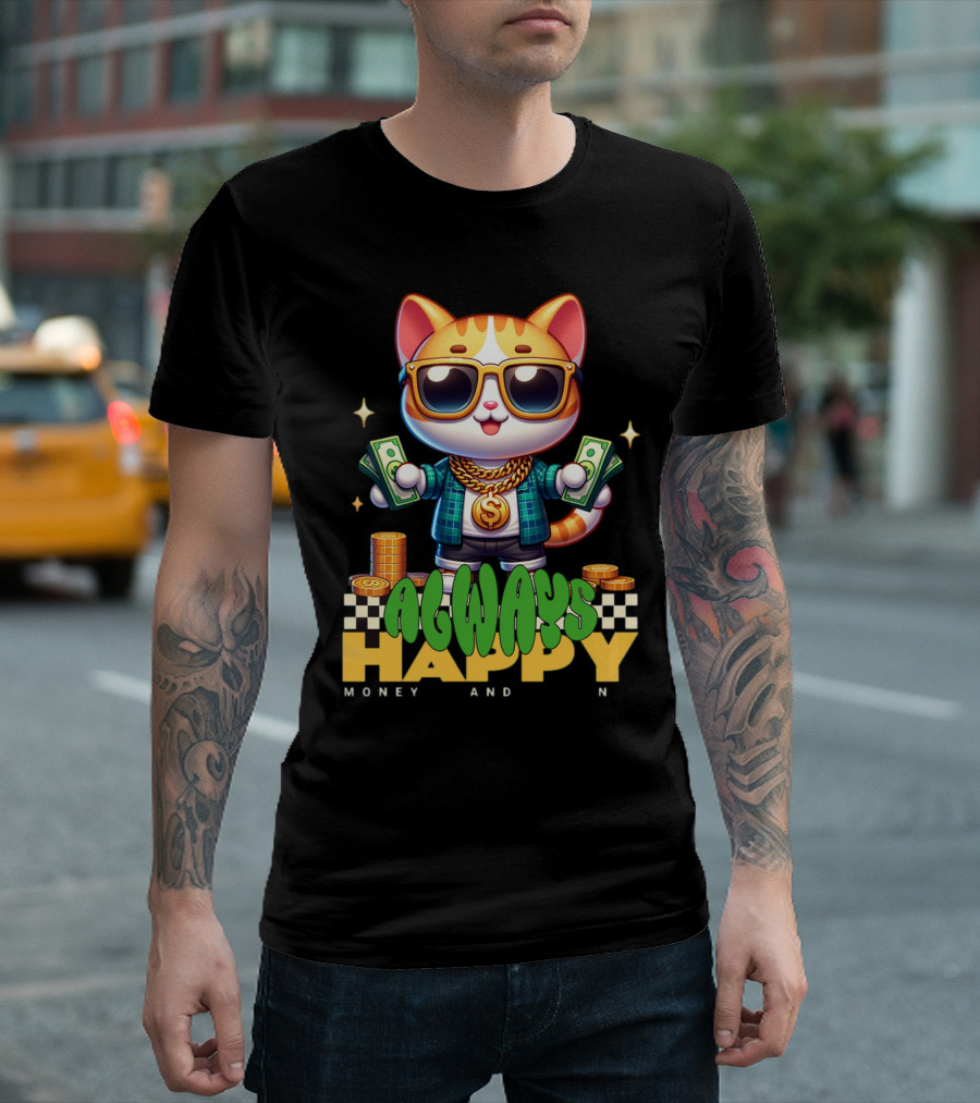 Always Happy Money and Fun Cool Cat with Sunglasses and Cash T-Shirt