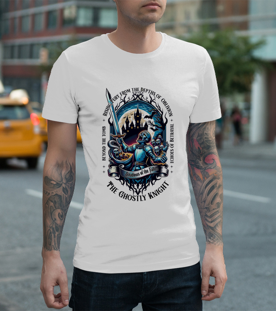 Beyond the Tomb Shadows of the Ghostly Knight Rising From the Depths of Oblivion Echoes of Betrayal T-Shirt