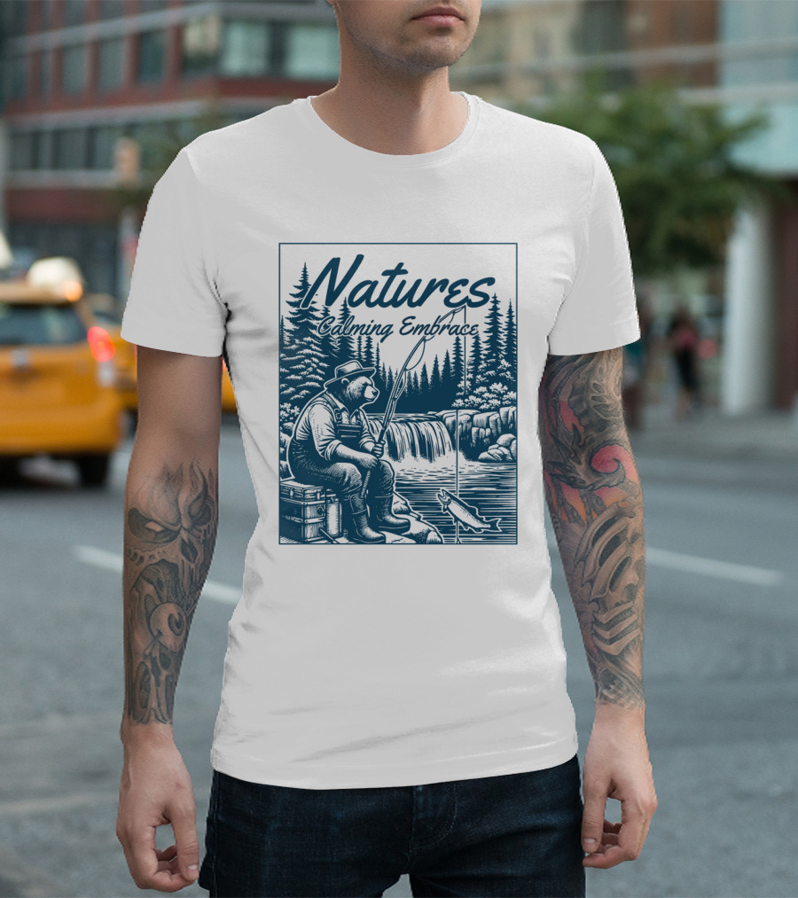 Natures Calming Embrace Bear Fishing By Waterfall T-Shirt