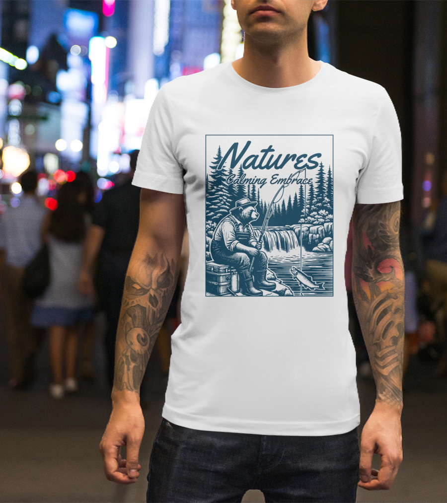 Natures Calming Embrace Bear Fishing By Waterfall T-Shirt
