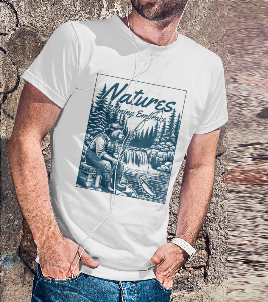 Natures Calming Embrace Bear Fishing By Waterfall T-Shirt