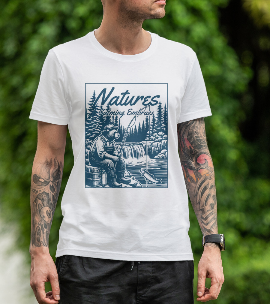 Natures Calming Embrace Bear Fishing By Waterfall T-Shirt