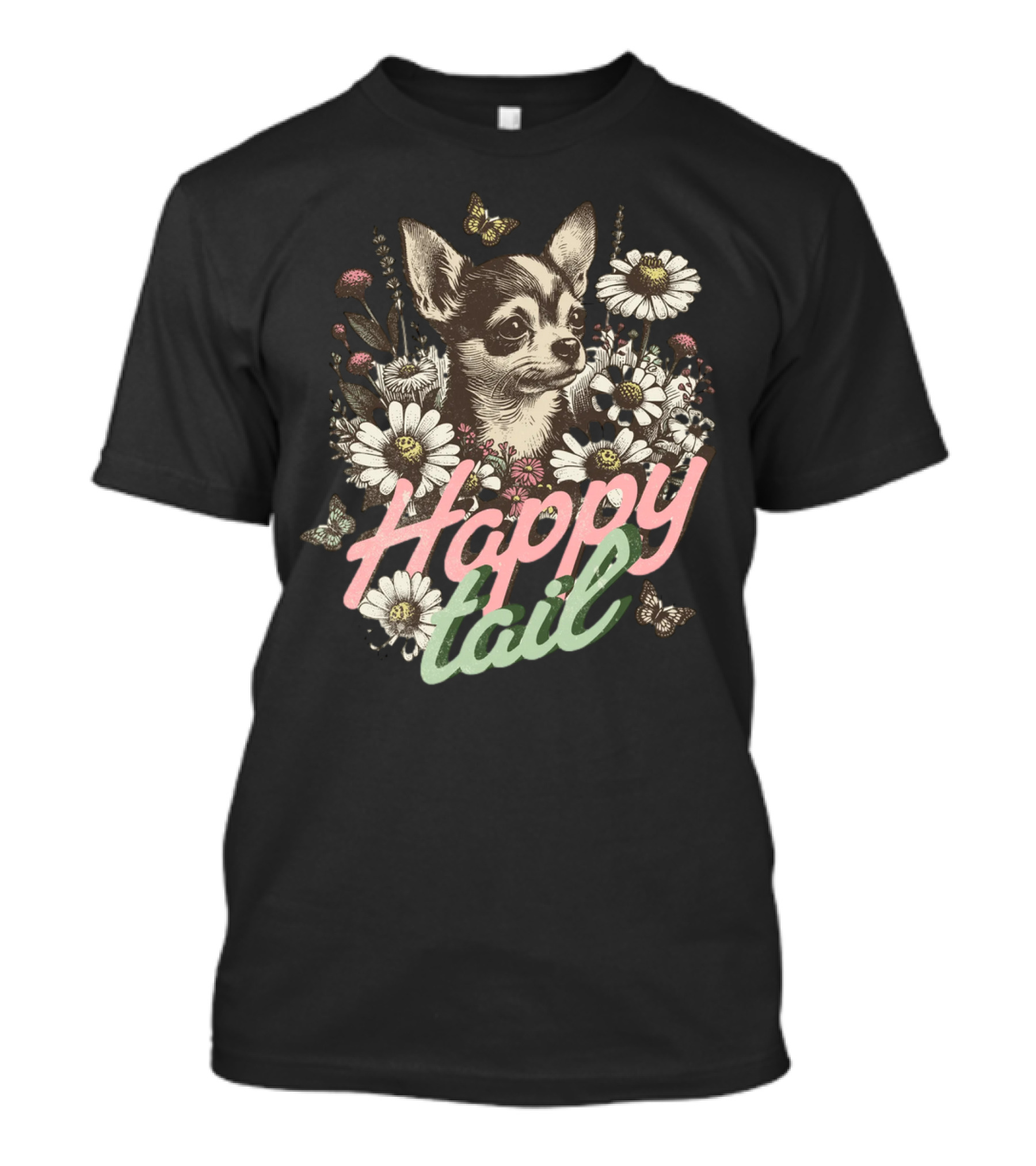 Chihuahua Dog Happy Tail Among Vintage Flowers With Butterflies T-Shirt