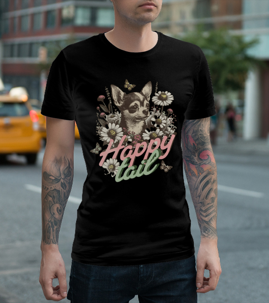Chihuahua Dog Among Flowers Vintage Happy Tail Butterfly Daisies T-Shirt