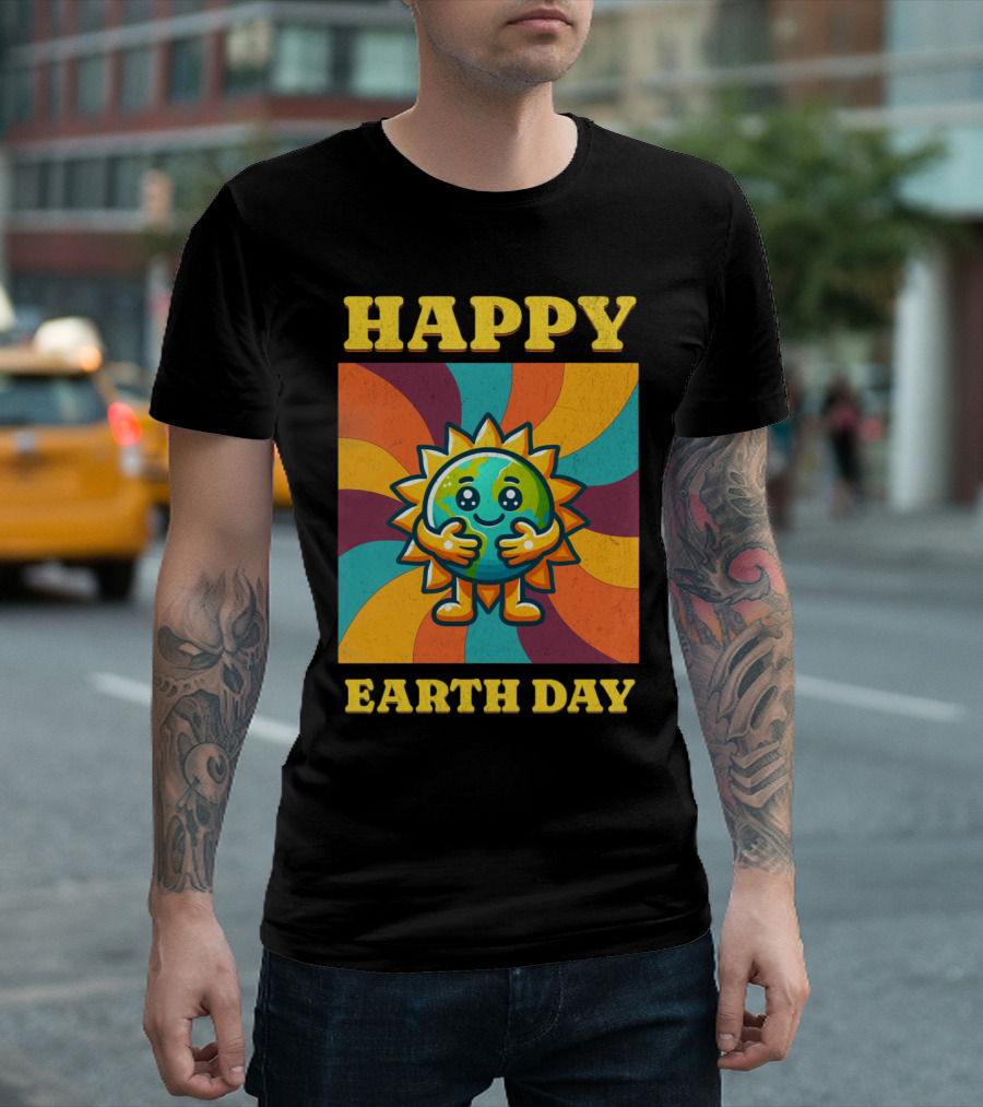 Hugging Earth Sunburst Happy Earth Day Multicolor Retro Spiral T-Shirt