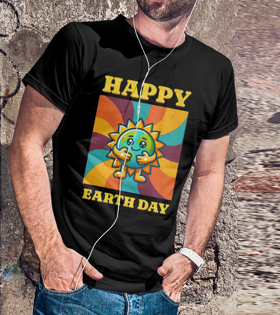 Hugging Earth Sunburst Happy Earth Day Multicolor Retro Spiral T-Shirt