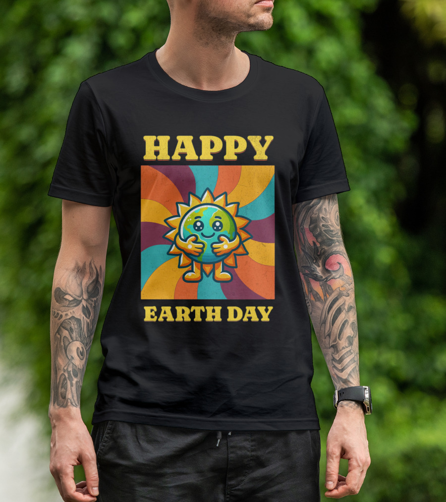 Hugging Earth Sunburst Happy Earth Day Multicolor Retro Spiral T-Shirt