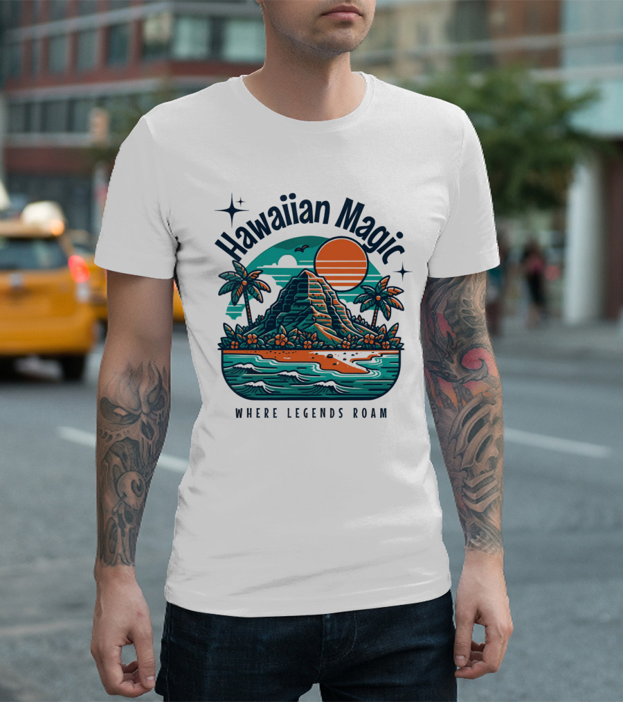 Hawaiian Magic Where Legends Roam Ocean Sunset Island Palms T-Shirt