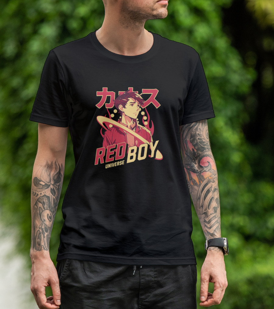 Red Boy Universe Anime Style Japanese Text Planet Ring T-Shirt
