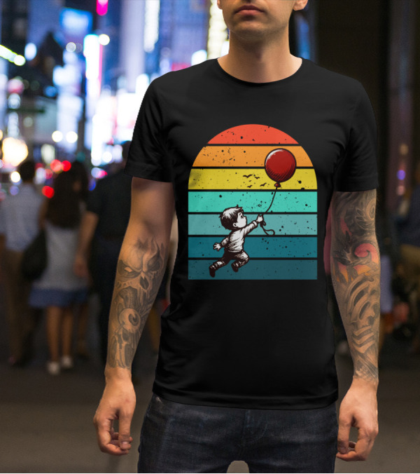 Boy Holding Red Balloon Retro Vintage Rainbow Stripes T-Shirt