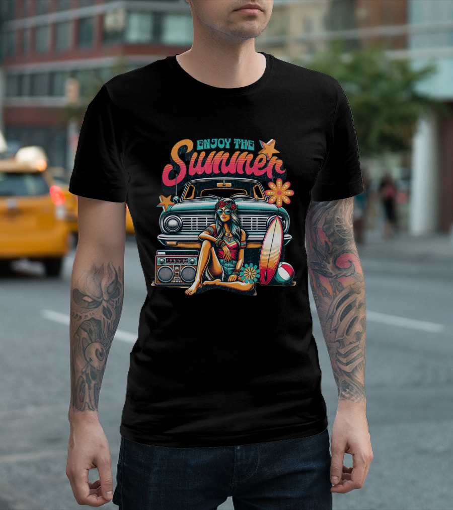 Enjoy The Summer Hippie Girl Surf Van Beach Vibes Vintage Boombox T-Shirt