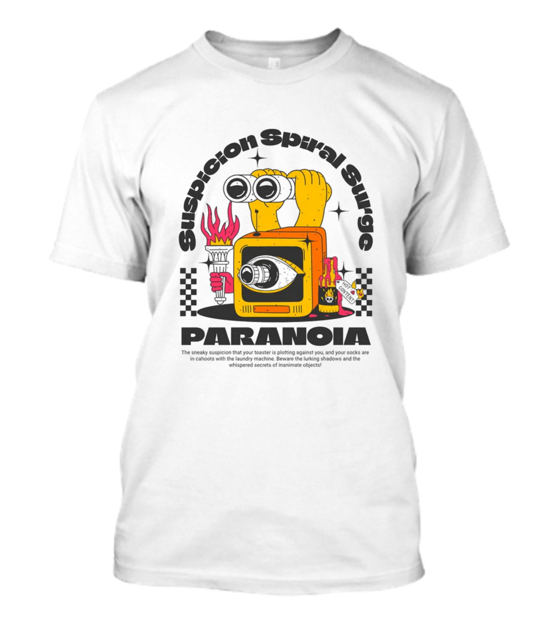 Suspicion Spiral Surge PARANOIA Eye Television Flame Elements T-Shirt