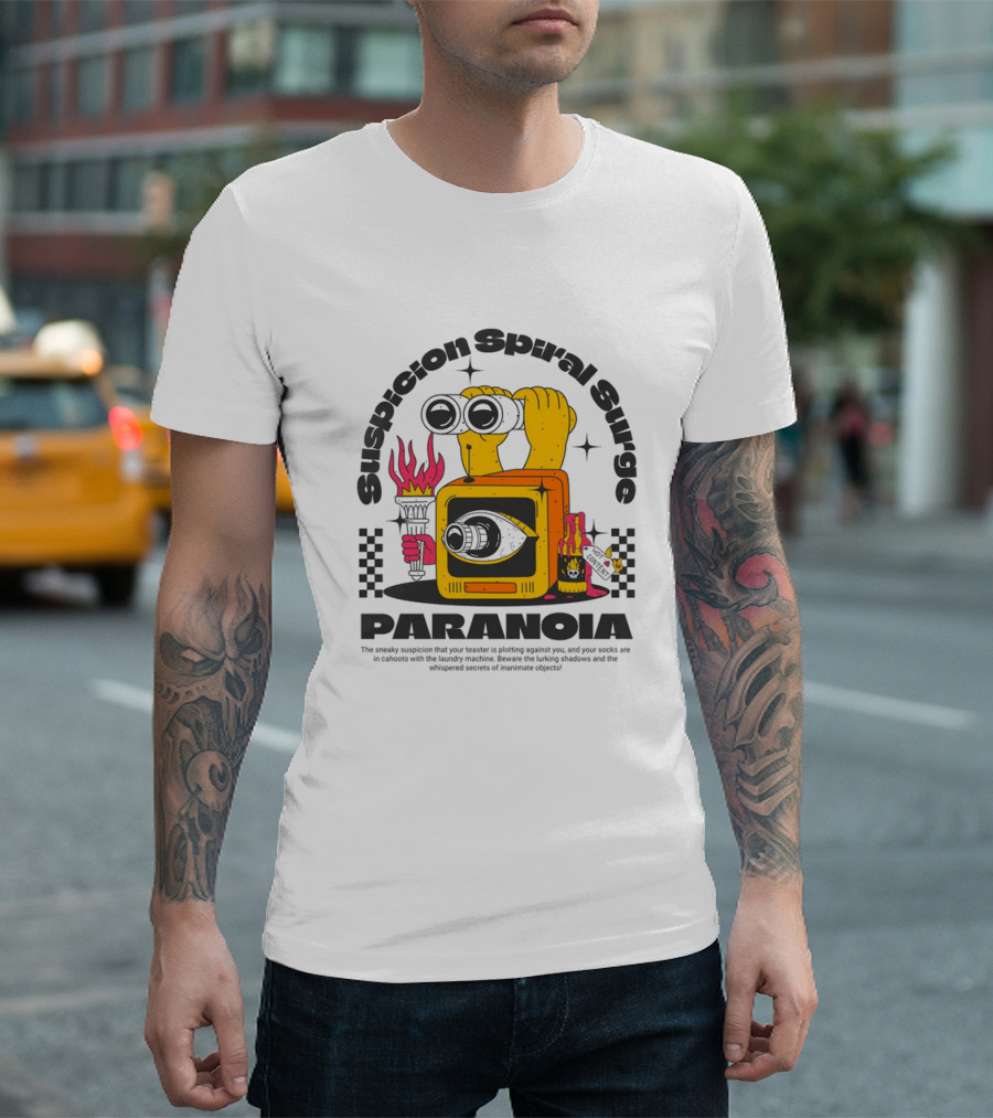 Suspicion Spiral Surge PARANOIA Eye Television Flame Elements T-Shirt