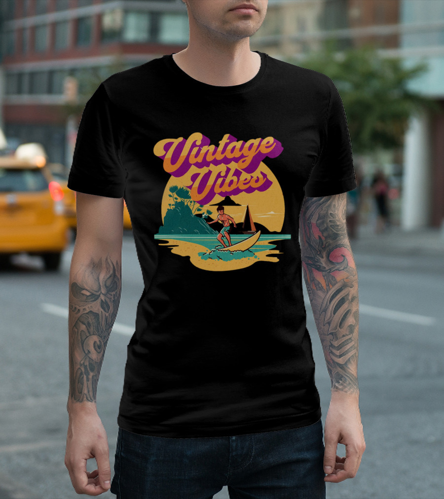 Vintage Vibes Retro Surfing Adventure Sunset Scene T-Shirt