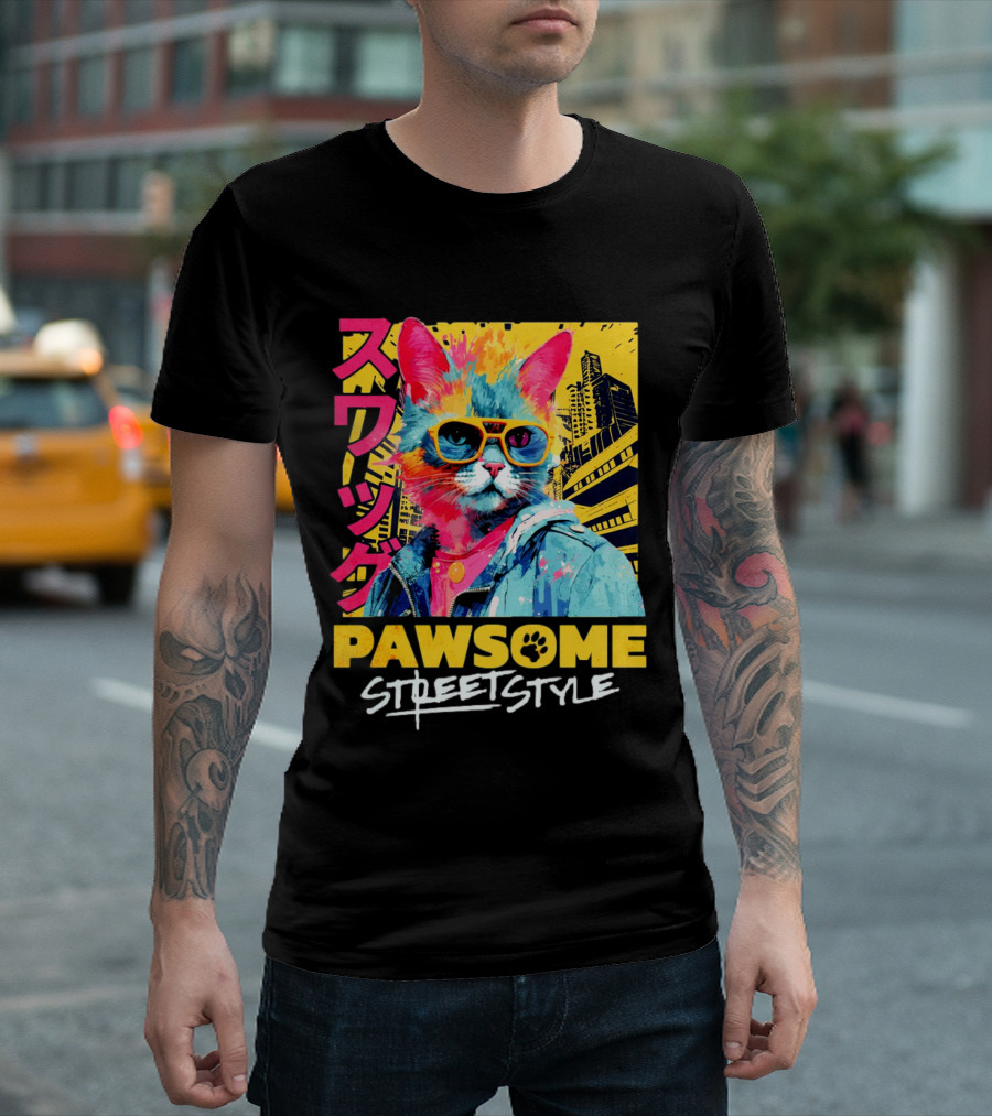 Pawsome Streetstyle Cat with Jacket and Sunglasses Urban Cityscape T-Shirt