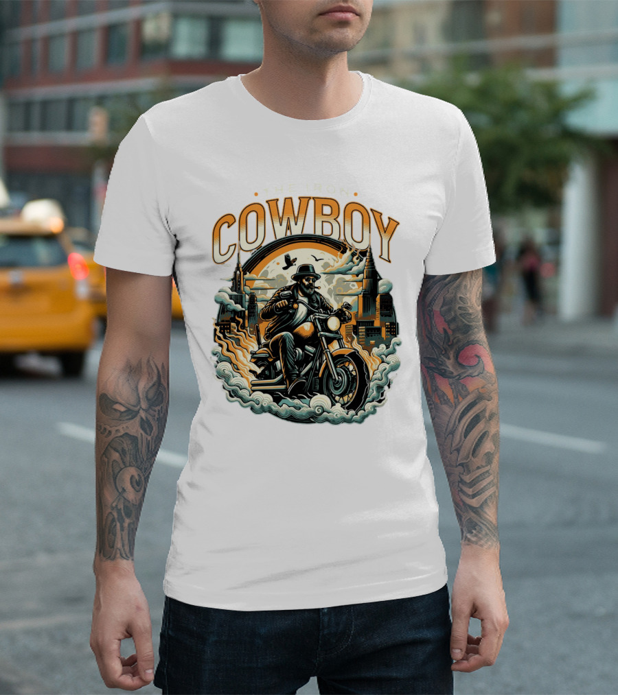 THE IRON COWBOY MOTORCYCLE RIDER CITY SKYLINE CLOUDS T-Shirt