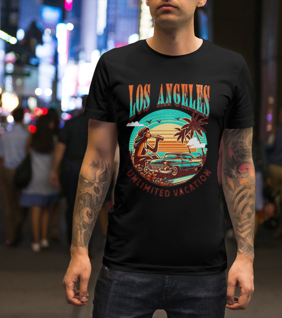 Los Angeles Unlimited Vacation Classic Car Palm Trees Sunset Vibes T-Shirt