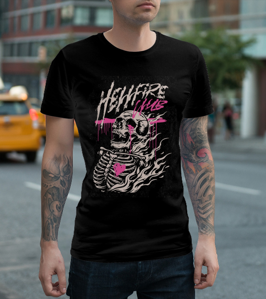 Hellfire Club Skeleton With Flames And Pink Heart Accents T-Shirt