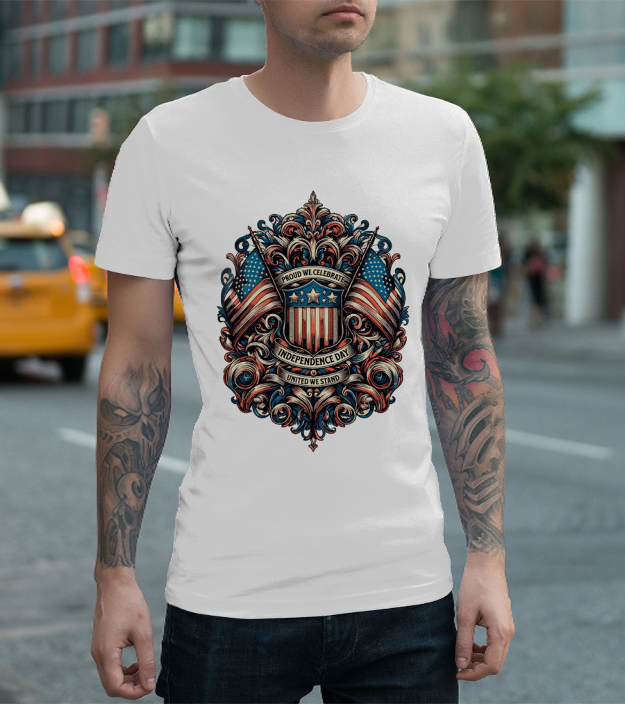 Proud We Celebrate Independence Day United We Stand American Flag Shield Ornamental T-Shirt