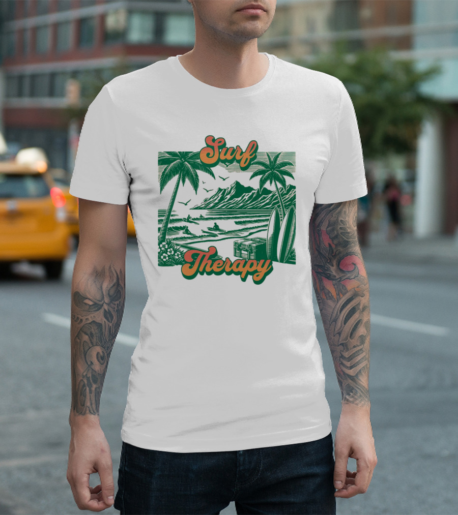 Surf Therapy Tropical Beach Scene With Palm Trees And Surfboards T-Shirt