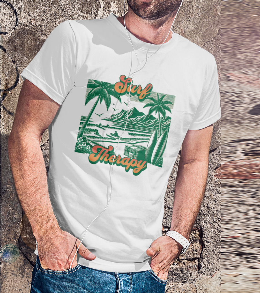 Surf Therapy Tropical Beach Scene With Palm Trees And Surfboards T-Shirt