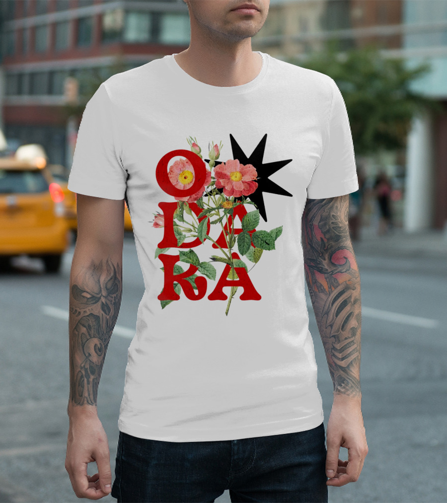 ODARA Bold Floral Art with Red Letters and Pink Flowers T-Shirt