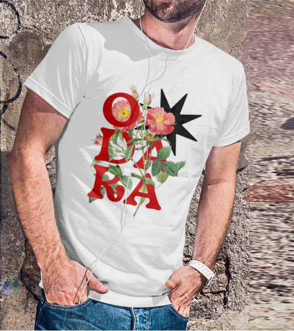 ODARA Bold Floral Art With Red Letters And Pink Flowers T-Shirt
