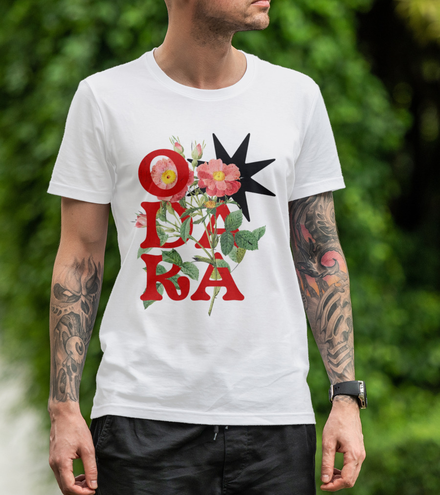 ODARA Bold Floral Art With Red Letters And Pink Flowers T-Shirt