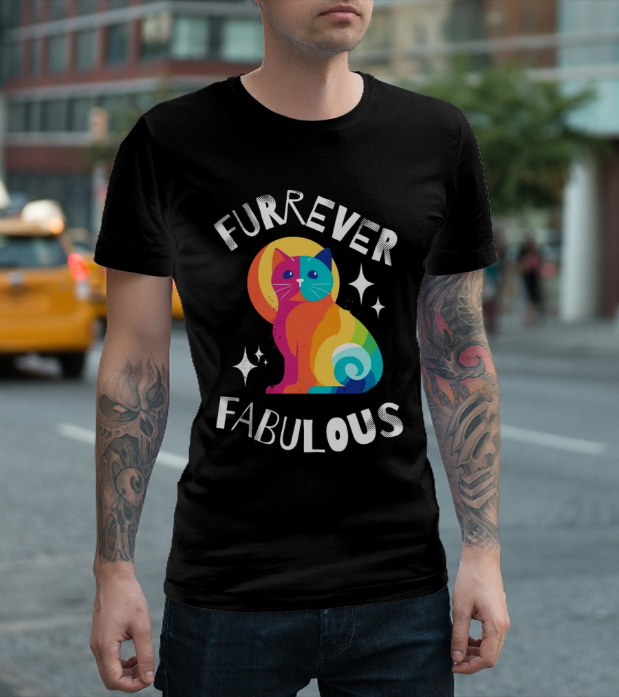 Furrever Fabulous Rainbow Cat with Stars T-Shirt