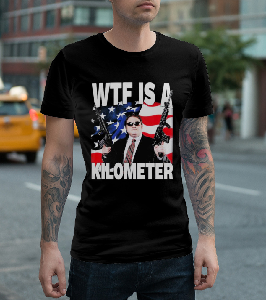 WTF Is a Kilometer American Flag Guns Suit Sunglasses T-Shirt