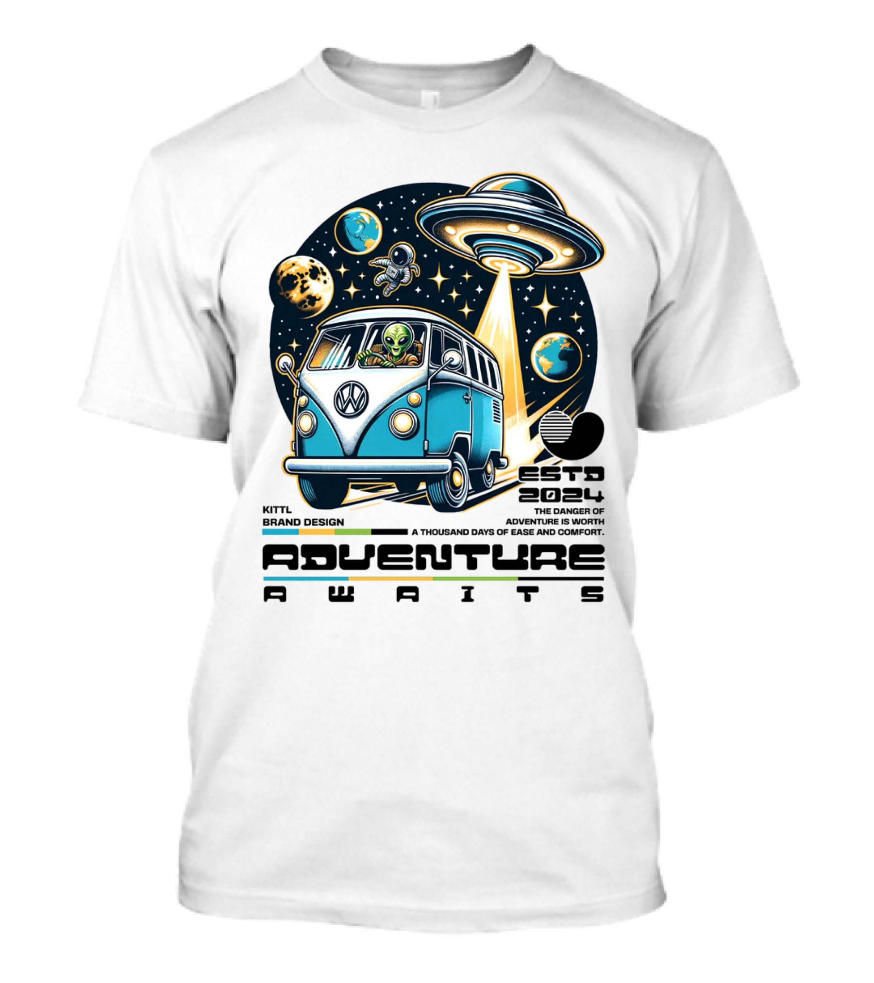Adventure Awaits Alien Van UFO Space Travel 2024 Kittl Brand T-Shirt