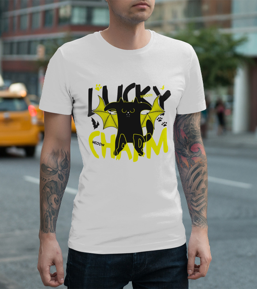 LUCKY CHARM Meow Boooo Bat Wings Cat Paw Prints T-Shirt
