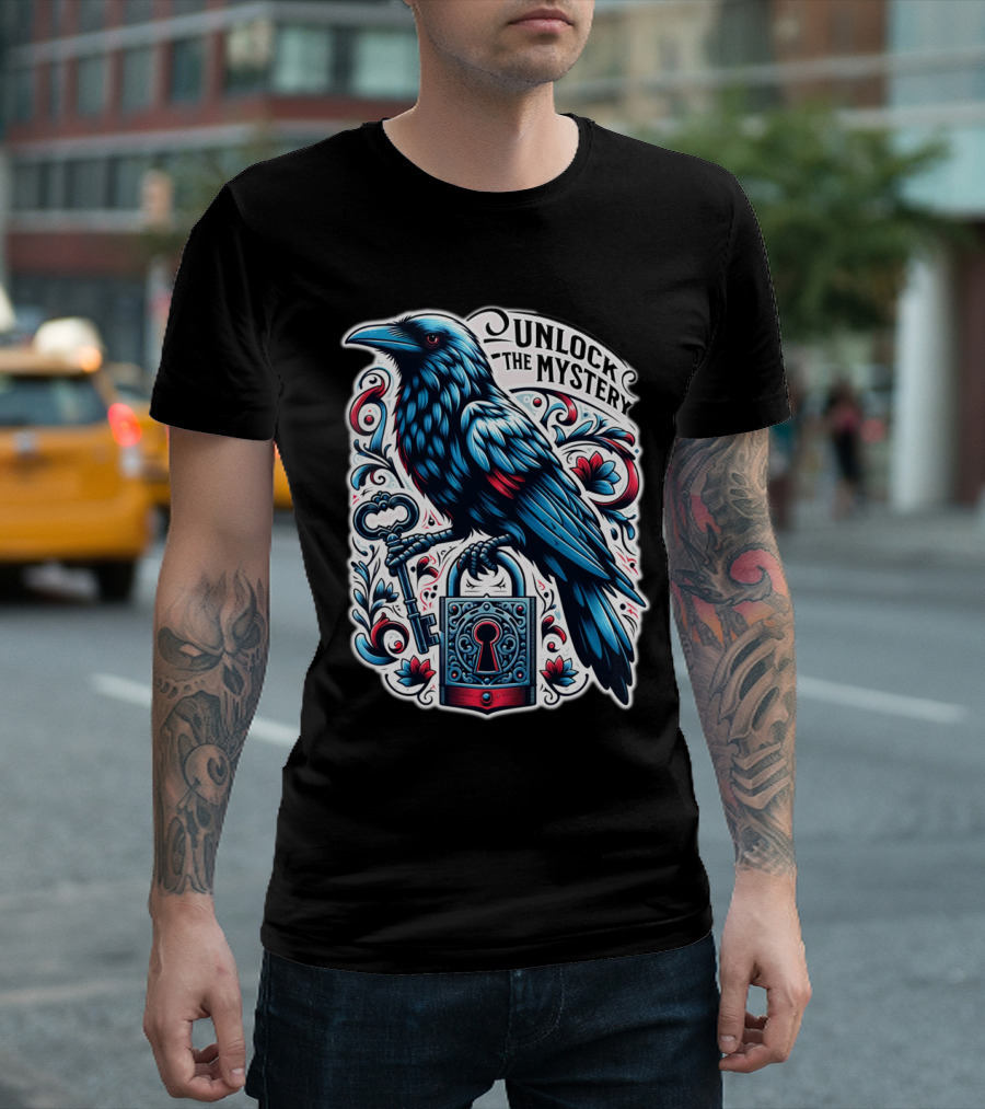 Unlock The Mystery Raven Holding Key and Lock with Ornate Floral T-Shirt