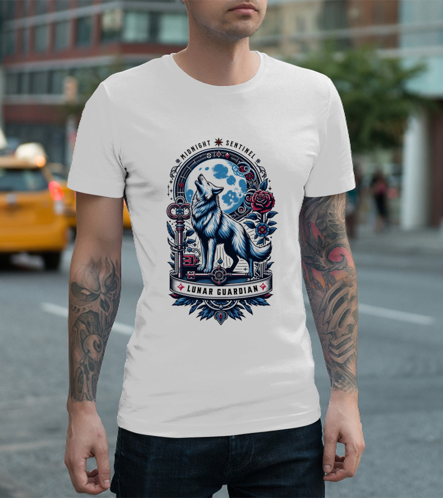 Midnight Sentinel Lunar Guardian Key and Roses Howling Wolf Moon T-Shirt