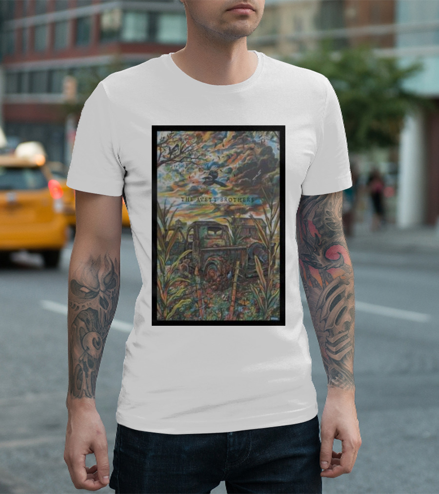 The Avett Brothers Tour Champaign Rusted Truck And Bluebird In Vibrant Landscape T-Shirt