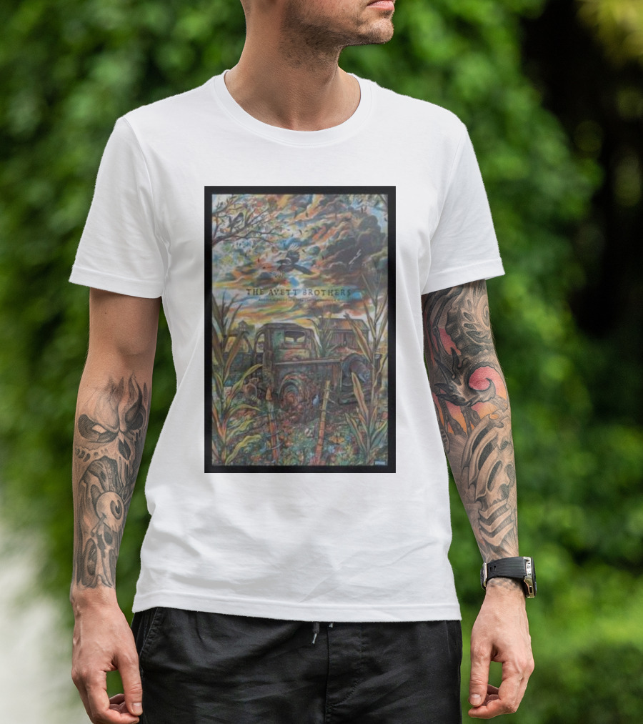 The Avett Brothers Tour Champaign Rusted Truck And Bluebird In Vibrant Landscape T-Shirt
