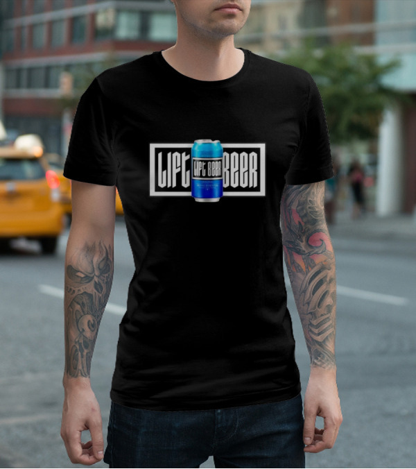 Lift Beer Original Drinking Essential Emblem - Black And White Background With Blue Can T-Shirt