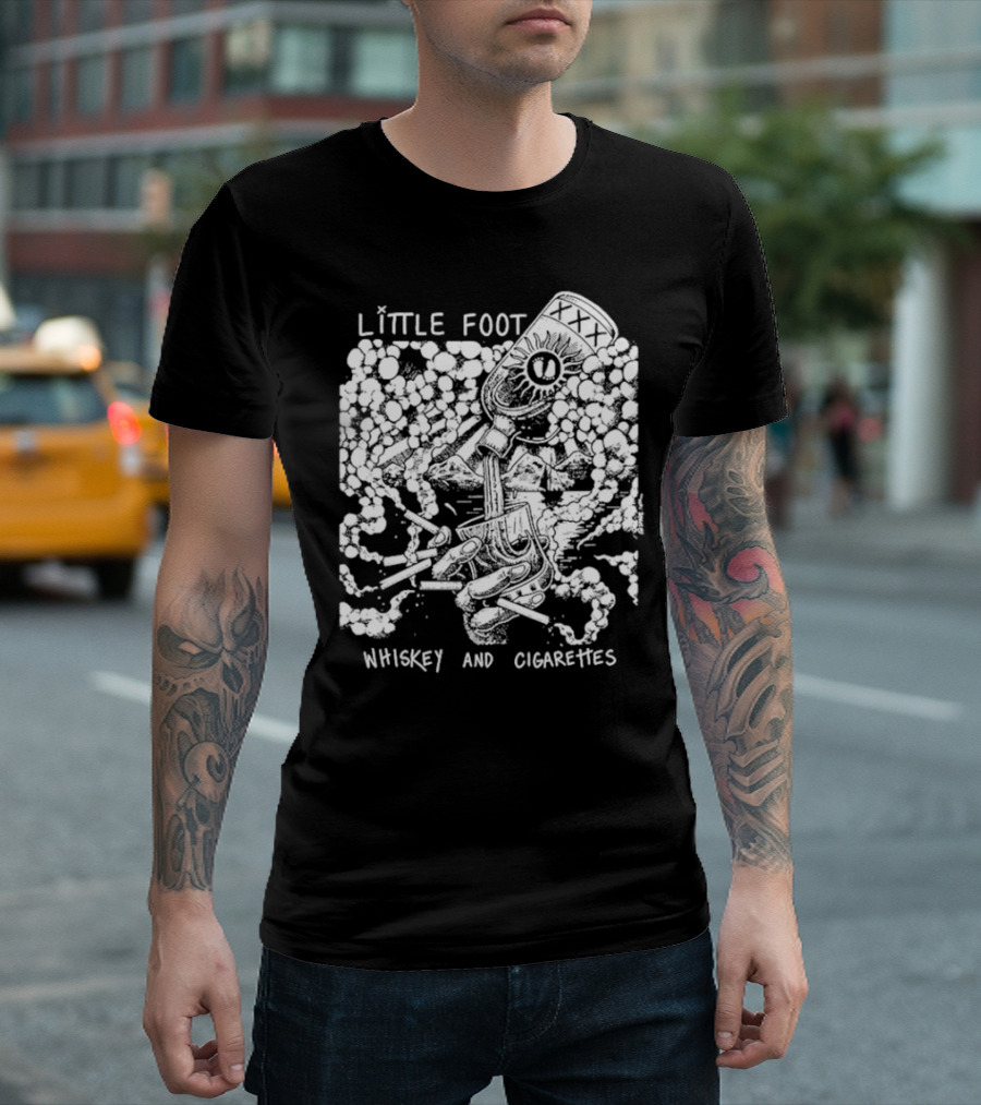 Little Foot Whiskey and Cigarettes Hand Holding Cigarettes and Pouring XXX Bottle in Cloudy Mountains Scene T-Shirt