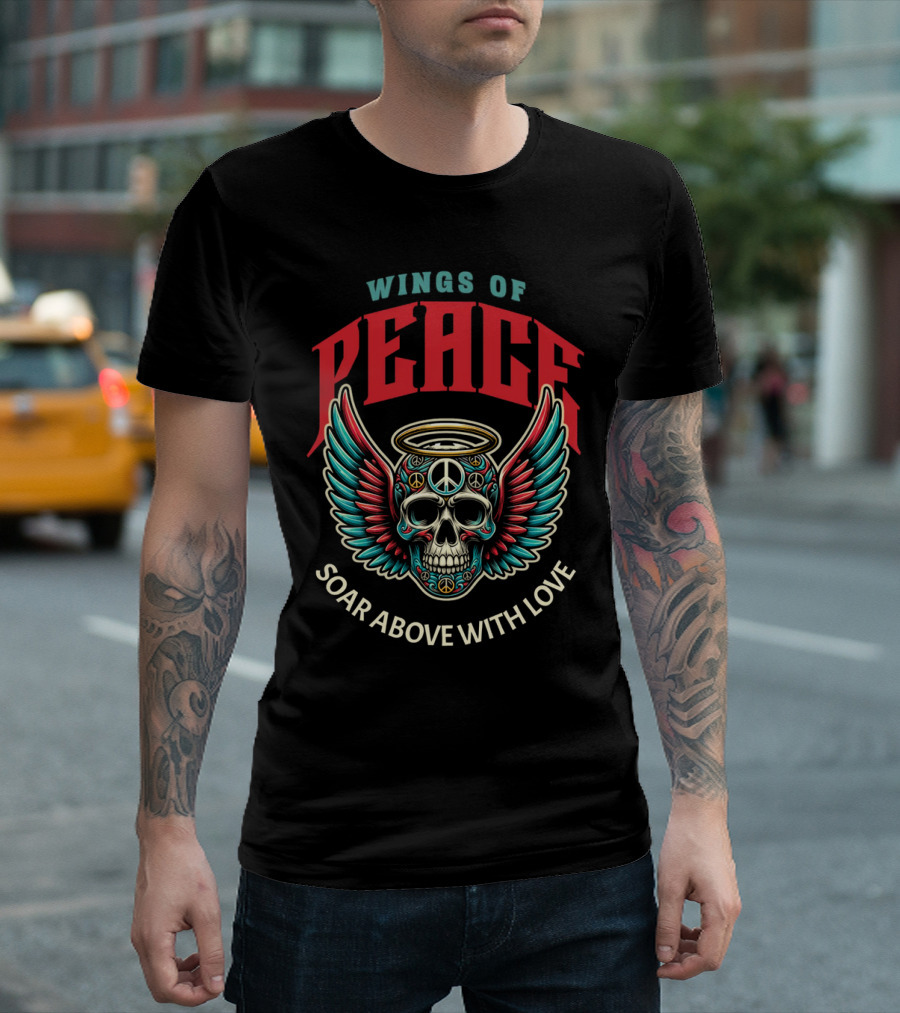 Wings of Peace Soar Above with Love Peace Symbol Skull and Wings T-Shirt