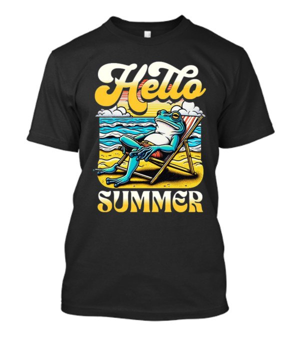 Hello Summer Frog Vintage Beach Scene T-Shirt