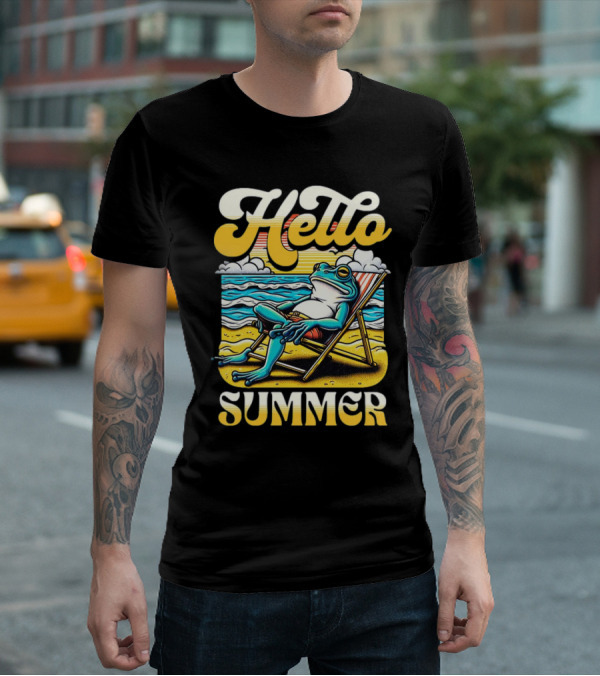 Hello Summer Frog Vintage Beach Scene T-Shirt