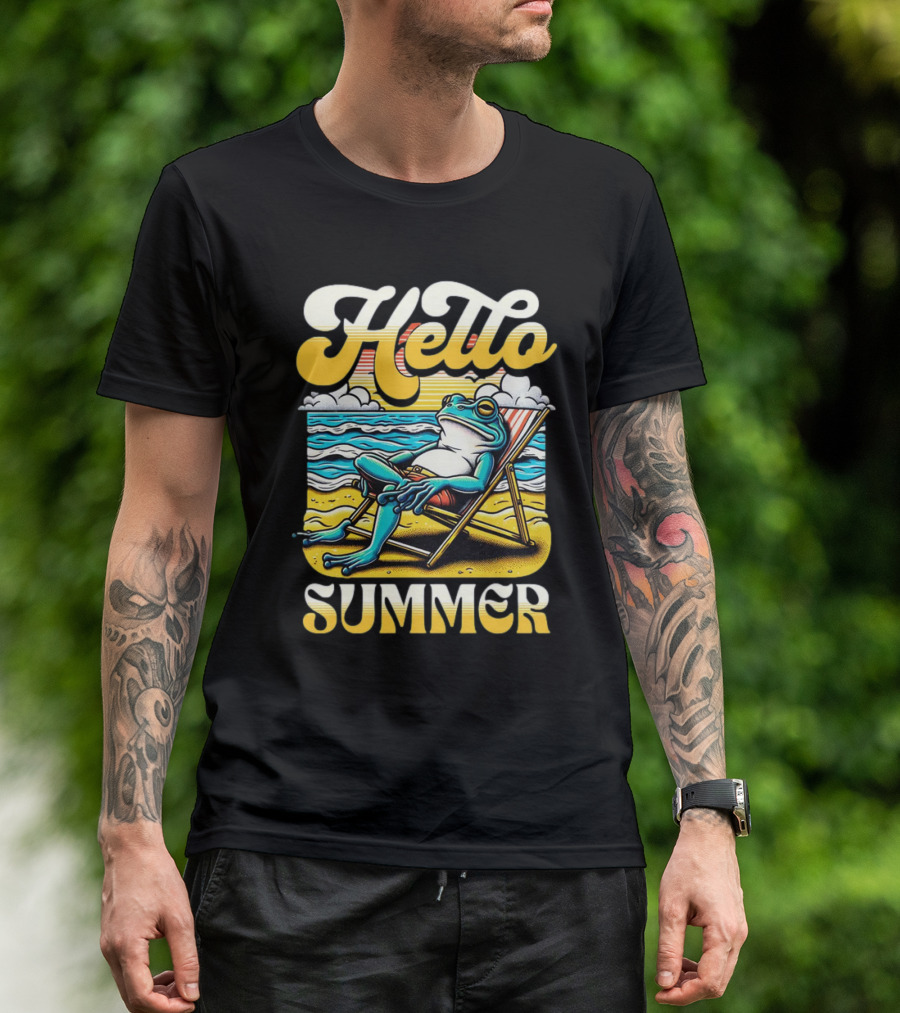 Hello Summer Frog Vintage Beach Scene T-Shirt
