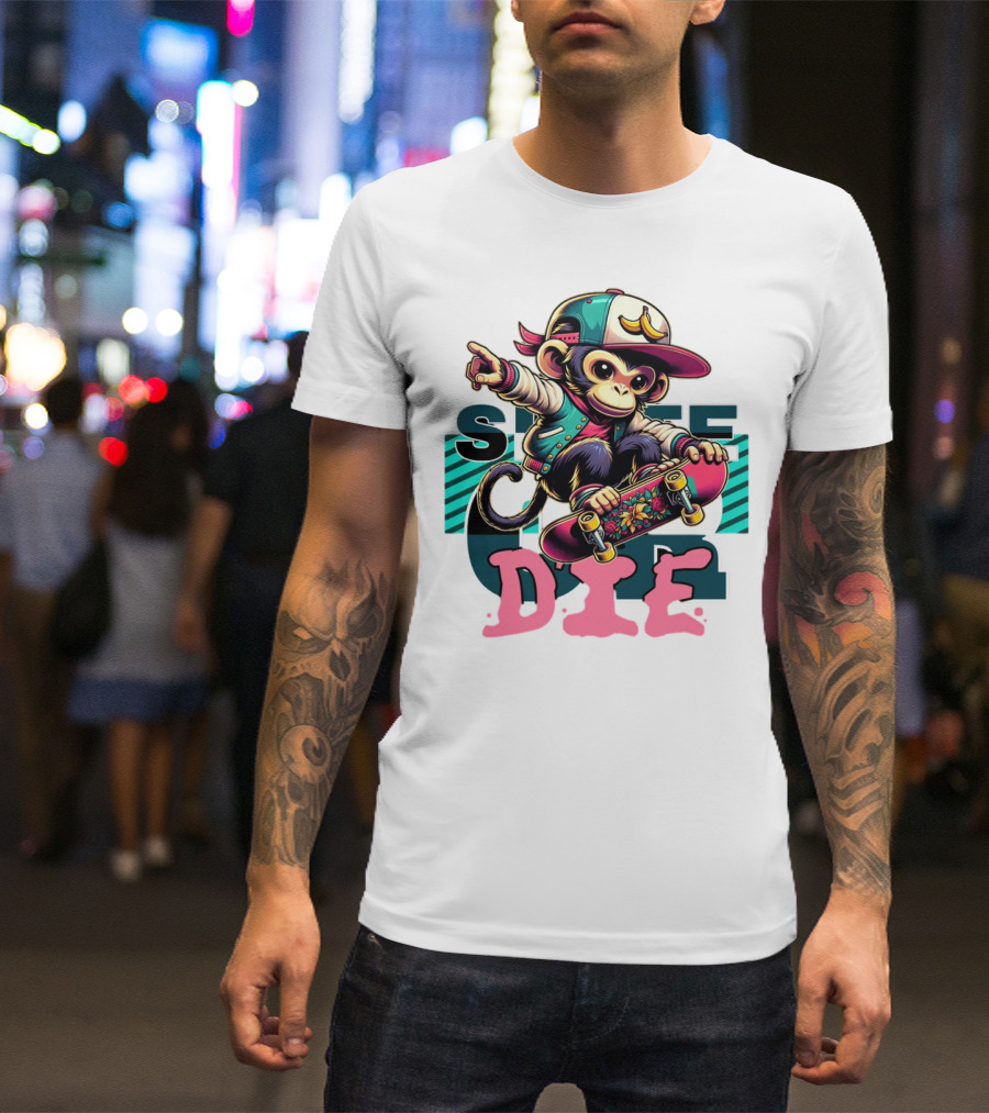 Skate Or Die Monkey On Skateboard With Cap And Jacket T-Shirt
