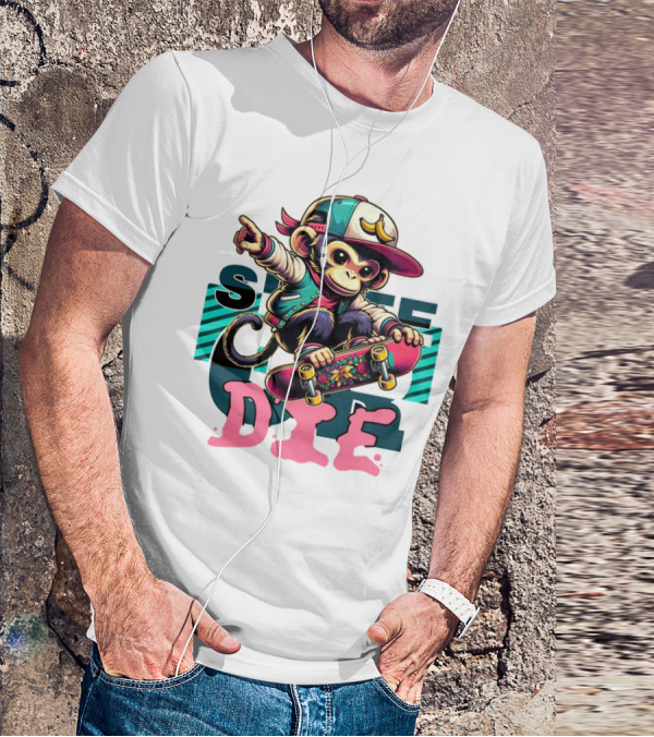 Skate Or Die Monkey On Skateboard With Cap And Jacket T-Shirt