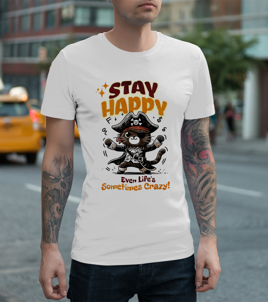 STAY HAPPY Even Life's Sometimes Crazy Pirate Cat T-Shirt