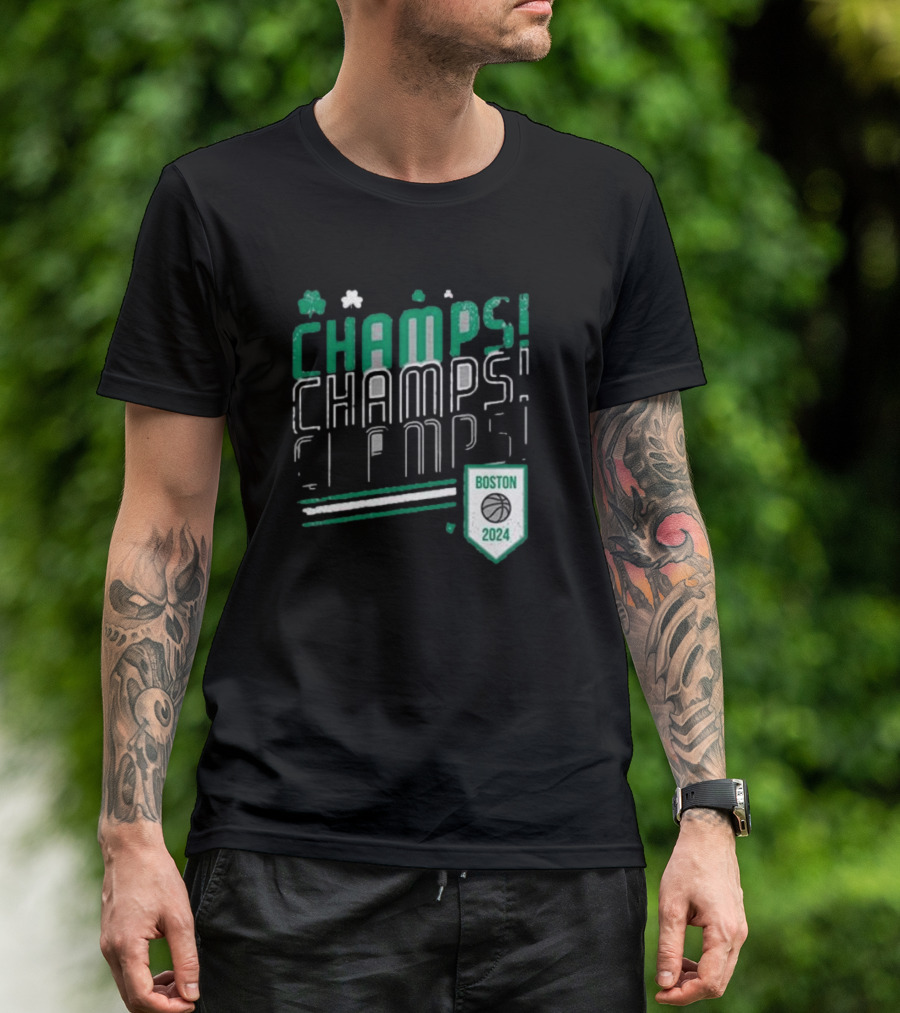 Boston Celtics ’24 Champs Champs Champs Basketball Shield T-Shirt